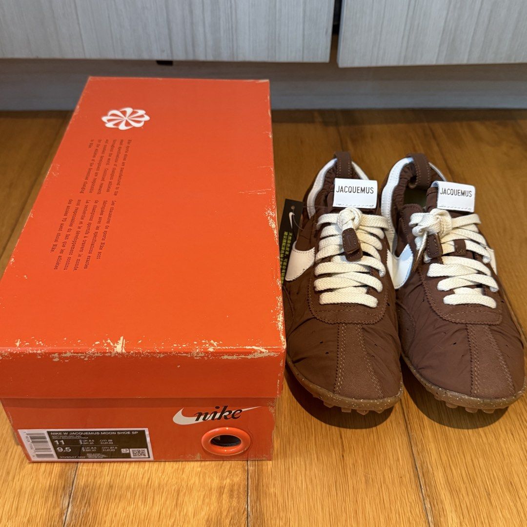 Nike x Jacquemus Moon Shoe Medium Brown UA (Category: Sneakers) located in Pasig City. Submitted by wehavegreatdeals (Listing ID 1452507626, Image 2). Description: - Nike x Jacquemus Moon Shoes - NOTE UA PAIR - Size: US 11W or 9.5M EU43 - Includes box and accessories RFS: had to compare with my original Jacquemus pair .