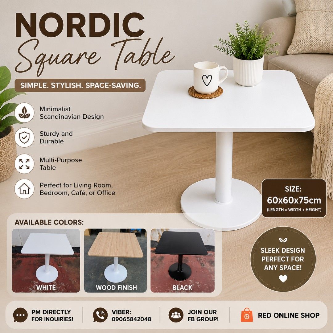 Nordic Square Table (Category: Tables & Sets) located in Manila. Submitted by redonlineshop (Listing ID 1452321840, Image 1). Description: NORDIC SQUARE TABLE ₱1500 60x60x75cm ON HAND BRAND NEW Mode of Payment: Gcash,COD Same day delivery PM for orders and inquiries.