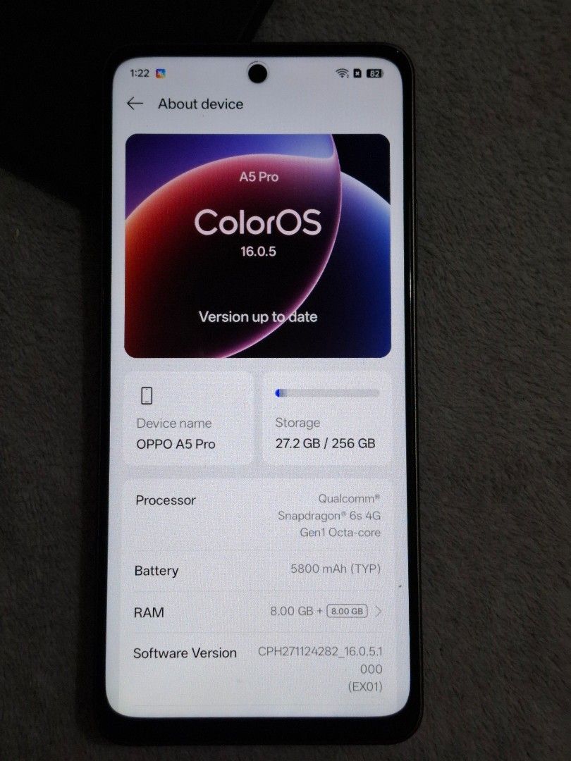 OPPO A5 Pro 5G 256GB Gold (Category: OPPO) located in Pasig City. Submitted by raindeclutters (Listing ID 1452384215, Image 2). Description: - OPPO A5 Pro - 256GB Internal Storage - 8GB RAM - Snapdragon 6s 4G Processor - 5000 mAh Battery - ColorOS 16.0.5 - Good working condition -no scratches, like new - Includes black case -this is an extra phone, di sya nagagamit *wala po syang kasamang charger when I bought it *medyo negotiable, no to barat 😅