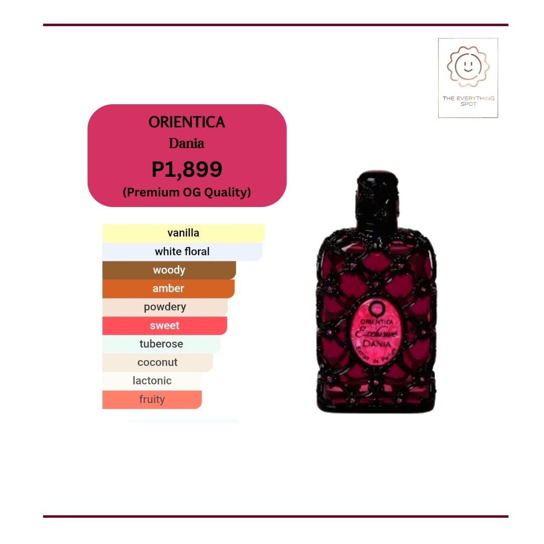 Orientica Dania (Category: Fragrance & Deodorants) located in Cavite. Submitted by theeverythingspot (Listing ID 1452369594, Image 1). Description: What am I selling? - Premium Original quality perfumes - Oil-based concentration (EDT, EDP, Extrait) - Premium Presentation (box, bottle and scent) - Typically lasts 4-8 hours on skin (dependent on skin moisture, body chemistry, acidity and environment) - Luxury you can afford! - Smells very very very