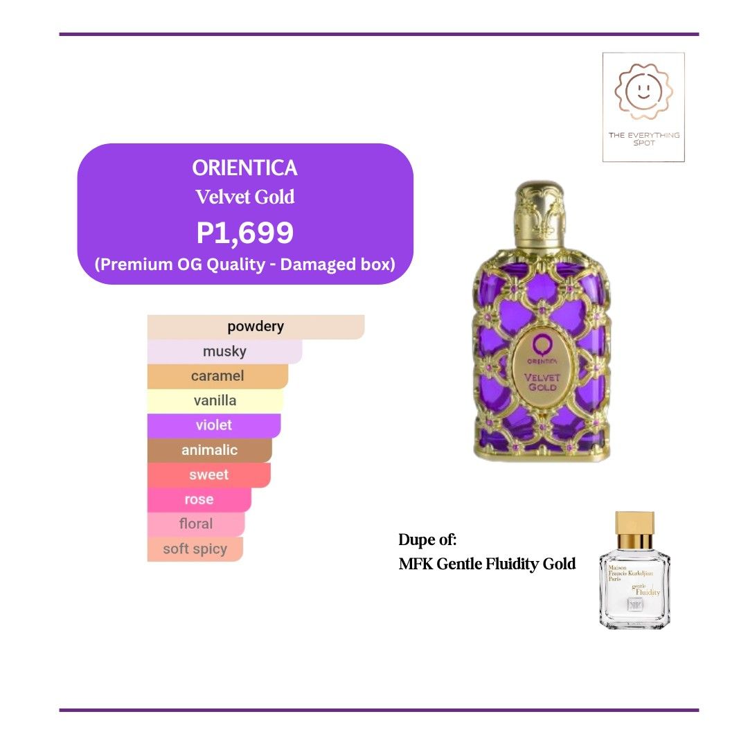 Orientica Velvet Gold (Category: Fragrance & Deodorants) located in Cavite. Submitted by theeverythingspot (Listing ID 1452369394, Image 1). Description: What am I selling? - Premium Original quality perfumes - Oil-based concentration (EDT, EDP, Extrait) - Premium Presentation (box, bottle and scent) - Typically lasts 4-8 hours on skin (dependent on skin moisture, body chemistry, acidity and environment) - Luxury you can afford! - Smells very ver
