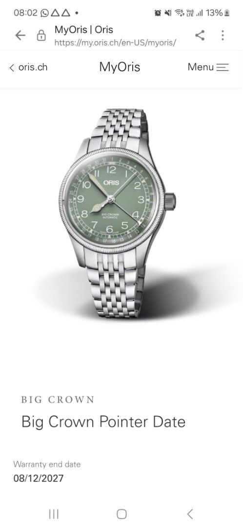 Oris Big Crown Pointer Date (Category: Watches) located in Singapore. Submitted by flip.table (Listing ID 1452507494, Image 1). Description: - Oris Big Crown Pointer Date Watch - Stunning Green Dial - Stainless Steel Bracelet - Full Set: Box & Warranty Card Included - Warranty Valid Until: 08/12/2027 - Condition: BNIB Get this watch, it's one of the cheapest new BCPDs out there and it'll be your daily beater watch. .