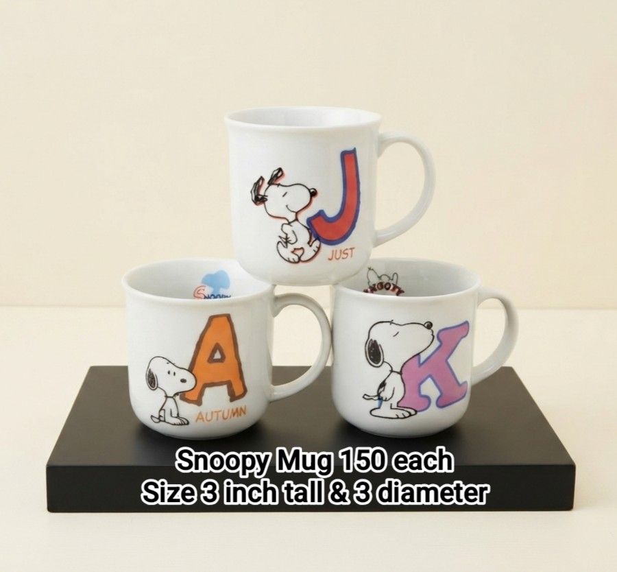 Peanuts Snoopy Ceramics Mug (Category: Coffee & Tea Tableware) located in Binan City. Submitted by mayjhe (Listing ID 1452443200, Image 1). Description: 💛 For Sale 💛 🌸 Snoopy 🍀 Ceramics Mug 📍 Condition: Good 💰 Price is ₱ 150.00 each 👉 Other details posted 🇵🇭 Location Biñan Laguna 🛵 Courier J& T and Lalamove 📋 Shipping by schedule 📍 NO COD & COP 📌 All items are carefully packed and labeled with Fragile stickers for breakable goods. Ho