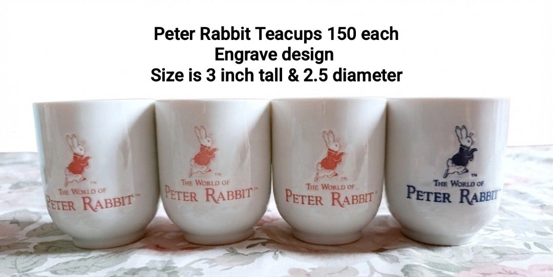 Peter Rabbit Teacups (Category: Coffee & Tea Tableware) located in Binan City. Submitted by mayjhe (Listing ID 1452451865, Image 1). Description: 💛 For Sale 💛 🌸 Peter Rabbit 🍀 Ceramics Teacups 📍 Condition: Good 💰 Price is ₱ 150.00 each 👉 Other details posted 🇵🇭 Location Biñan Laguna 🛵 Courier J& T and Lalamove 📋 Shipping by schedule 📍 NO COD & COP 📌 All items are carefully packed and labeled with Fragile stickers for breakable goods.