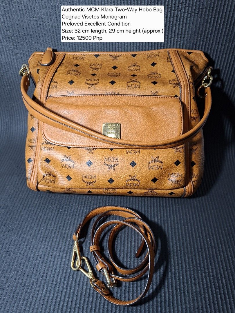 Preloved Authentic MCM Klara Two-Way (Category: Luxury Bags & Wallets) located in Quezon City. Submitted by happycloset25 (Listing ID 1452505246, Image 1). Description: Preloved from Korea Two - way hobo bag, please see the picture with description for the size. Great condition, signs of usage on brass plate (scratches), hardware is about 80 percent gold, the fadings are not remarkable. For serious, buyers pls pm me if interested..