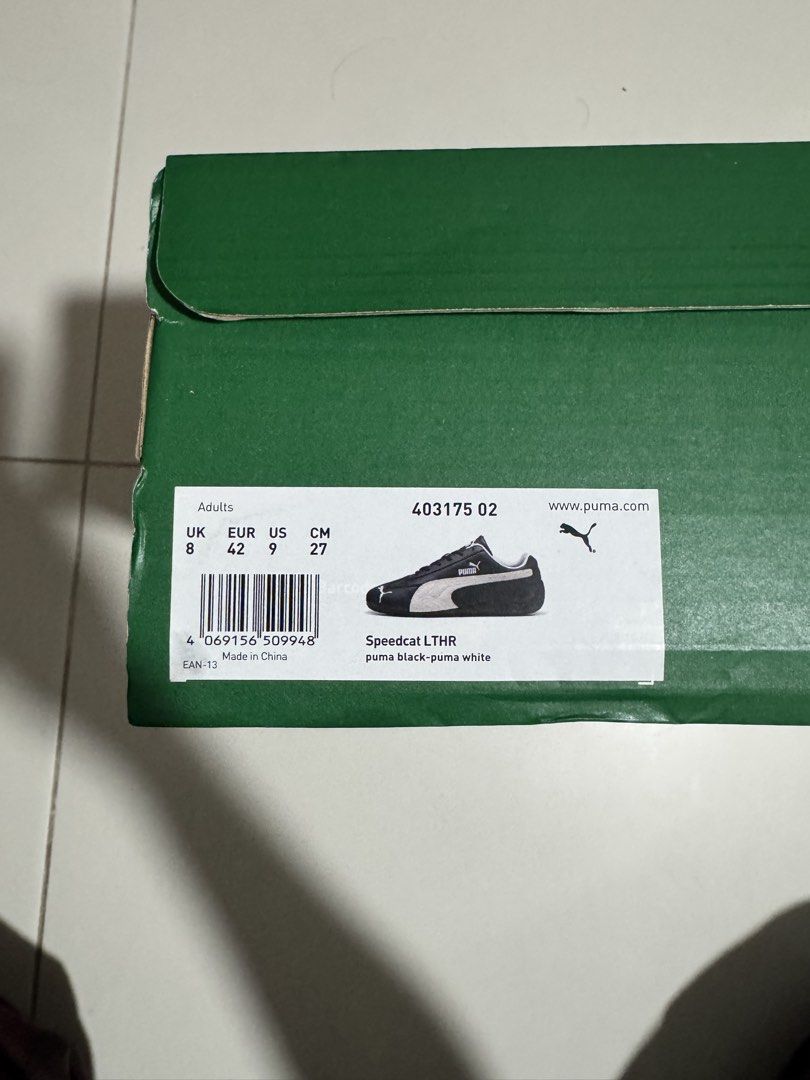 Puma Speedcat (Category: Sneakers) located in Singapore. Submitted by panzermeister (Listing ID 1452388310, Image 2). Description: Puma Speedcat LTHR Shoes Color: Black & White Size: US 9 (UK 8, EUR 42, CM 27) Cant fit as the size is small for me Willing to trade for US 9.5 .