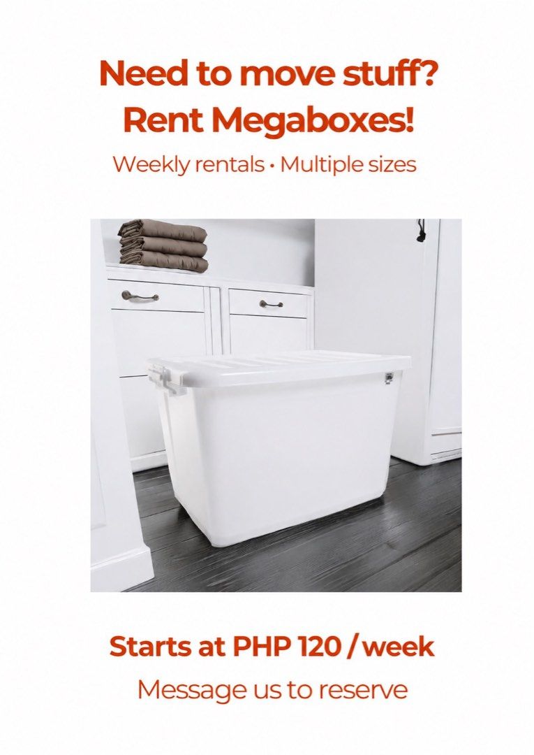 Rent Megaboxes! Weekly Rentals, Multiple Sizes Available (Category: Storage Boxes & Baskets) located in Manila. Submitted by megabox-rental-manila (Listing ID 1452371860, Image 1). Description: - Rent our Megaboxes for your storage and moving needs. - Weekly rental options available. - Prices start at just PHP 120 per week. - Multiple sizes to choose from. - Message us now to reserve your box!.