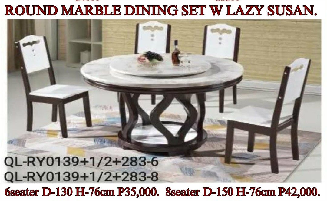 Round Marble Dining Table Set w Lazy Susan (Category: Tables & Sets) located in Binan City. Submitted by mark.365 (Listing ID 1452477477, Image 2). Description: QL-RY0139+1/2+283 6SEATER P35,000. 8SEATER P42,000. QL RY0160+78+202. 6SEATER P40,000. 8SEATER P45,000. QL Y538-1+B13 6seater P40,000. 8seater. P45,000. QL Y560+1+B52 QL Y560+1+B59 6seater P42,000. 8seater P53,000. QL Y551-1+9901 6seater. P40,000. 8seater. P46,000..