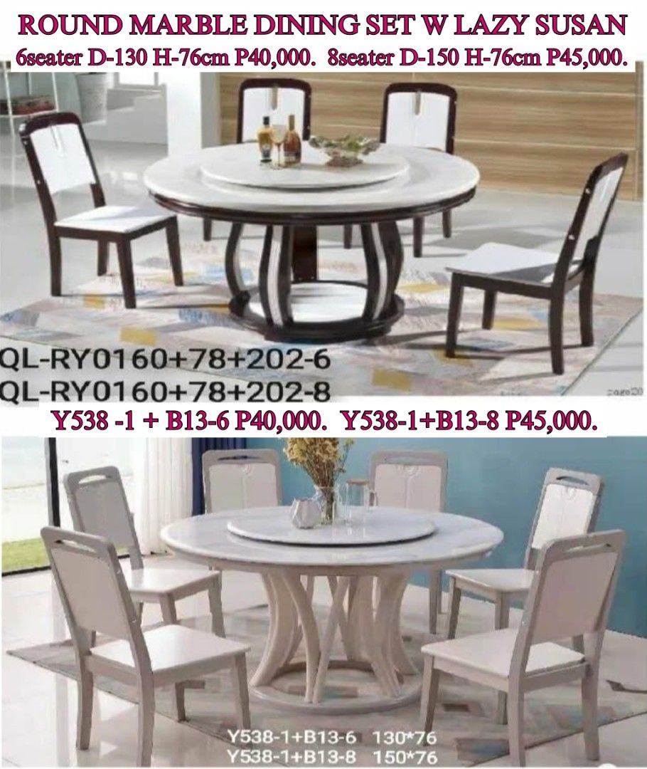 Round Marble Dining Table Set w Lazy Susan (Category: Tables & Sets) located in Binan City. Submitted by mark.365 (Listing ID 1452477477, Image 3). Description: QL-RY0139+1/2+283 6SEATER P35,000. 8SEATER P42,000. QL RY0160+78+202. 6SEATER P40,000. 8SEATER P45,000. QL Y538-1+B13 6seater P40,000. 8seater. P45,000. QL Y560+1+B52 QL Y560+1+B59 6seater P42,000. 8seater P53,000. QL Y551-1+9901 6seater. P40,000. 8seater. P46,000..