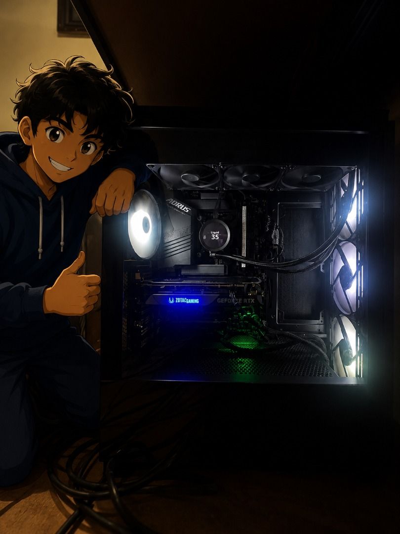 RTX 4070 gaming pc desktop (Category: Desktops) located in Singapore. Submitted by akmallalalalala (Listing ID 1452483724, Image 1). Description: price negotiable Comes with free monitor: - 27" Odyssey G3 G35TF FHD 144HZ Gaming Monitor Specs: GPU: Rtx 4070 Zotac twin edge 12gb ($500) CPU: i7-14700KF ($380) MOBO: Z790 AORUS ELITE AX ($200) RAM: CL38 6000MHZ DDR5 16gb ($200) STORAGE: 1TB NVME ssd ($180) PSU: TUF Gaming 1000W Gold+ ($140) COOLER: NZ