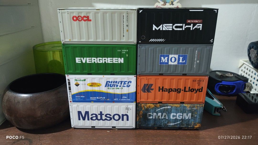 Set of 8 Shipping Container Models - Various Brands (Category: Vehicle & Diecast Models) located in Quezon City. Submitted by ralphralph (Listing ID 1452502144, Image 1). Description: - Set of 8 collectible shipping container models - Brands included: OOCL, Evergreen, Runtec, Matson, Mecha Advance, MOL, Hapag-Lloyd, CMA CGM - Perfect for display or diorama projects.
