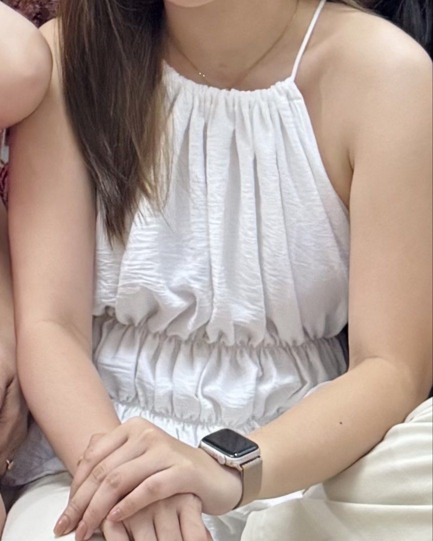 SHEIN White Ruched Halter Neck Top with Tie Sides (Category: Sleeveless) located in Pasig City. Submitted by jrglt (Listing ID 1446463270, Image 3). Description: used once for NYE celeb :).