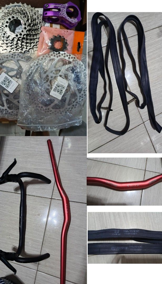 Shimano Cassette, Disc Rotors, Handlebars, Inner Tubes (Category: Bicycles) located in Manila. Submitted by milkenshie87625 (Listing ID 1452483802, Image 1). Description: Bike parts lot for sale: Shimano cassette, 2 disc brake rotors, purple stem, black/red handlebars (scuffed), and 2 inner tubes (700x35/43c). Selling as a bundle. Inquire for details..