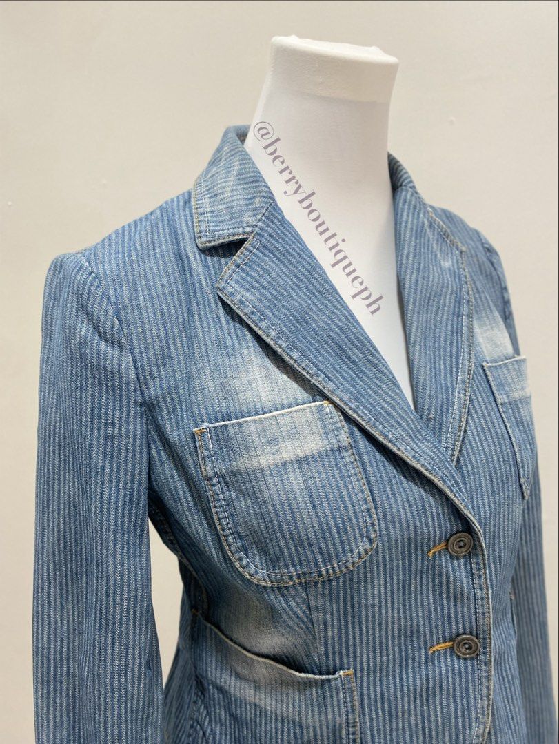 Striped Denim Blazer Jacket (Category: Coats, Jackets and Outerwear) located in Manila. Submitted by toastybread (Listing ID 1452389998, Image 2). Description: 🍓 See by Chloé – Denim Jacket Blue striped denim blazer jacket. Two-button closure, front pockets. Great for layering. Versatile style. • shoulder: 15” (38 cm) • pit-to-pit: 18” (46 cm) • sleeve: 22.5” (57 cm) • back length: 20” (51 cm) 🏷️ size on tag: USA 6 ✨ best fits: small to medium.