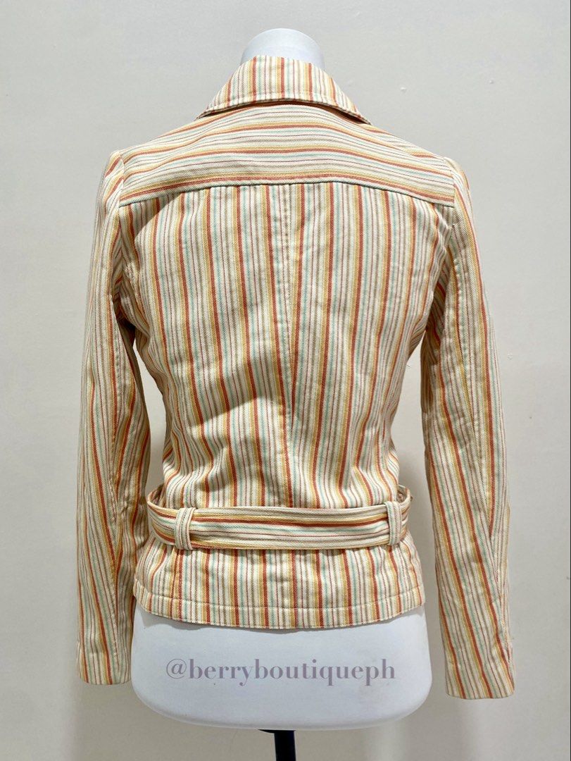 Striped Double-Breasted Belted Jacket (Category: Coats, Jackets and Outerwear) located in Manila. Submitted by toastybread (Listing ID 1452389944, Image 3). Description: 🍓 Veeko – Orange Striped Jacket Striped double-breasted jacket. Cream, orange, yellow, light blue stripes. Belted waist. Zippered chest pockets. Layering piece. • shoulder: 14” (36 cm) • pit-to-pit: 18” (46 cm) • sleeve: 22.5” (57 cm) • back length: 22” (56 cm) 🏷️ Size on tag: 