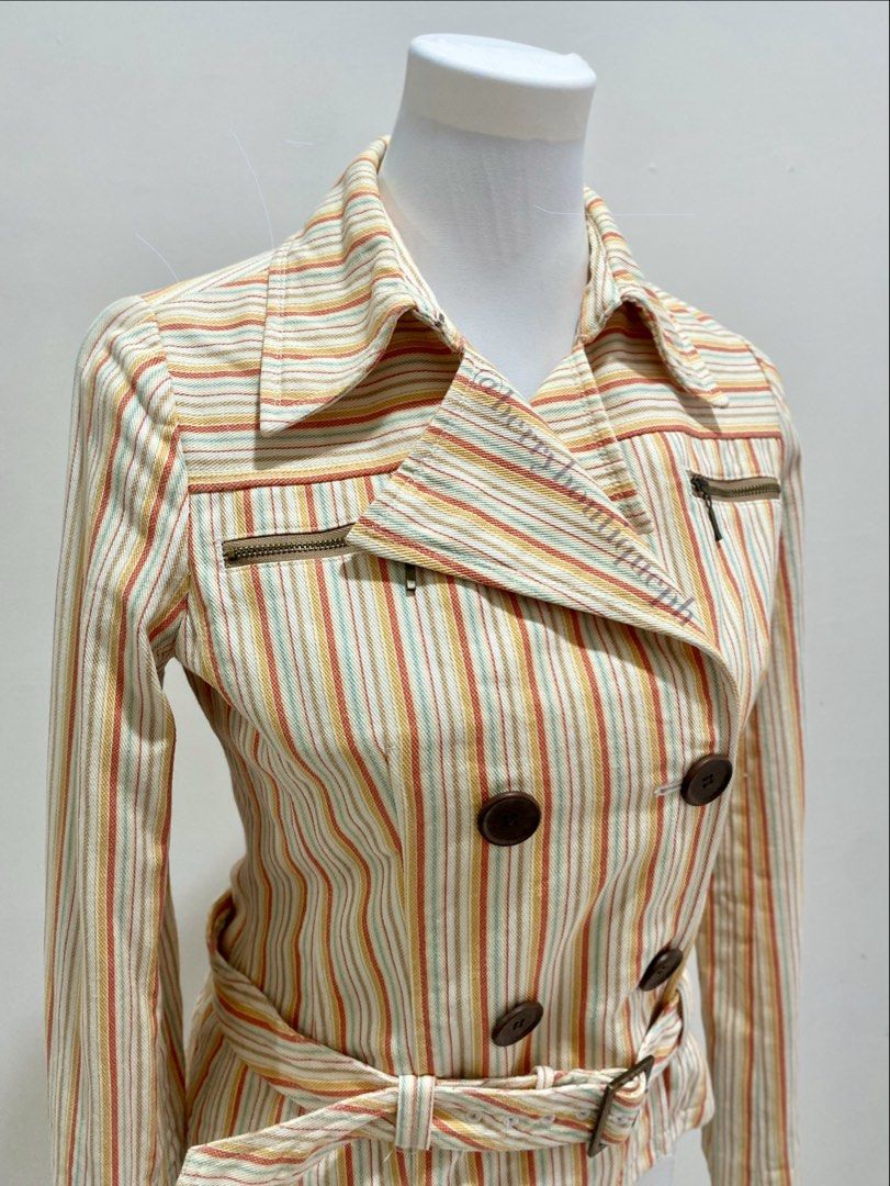 Striped Double-Breasted Belted Jacket (Category: Coats, Jackets and Outerwear) located in Manila. Submitted by toastybread (Listing ID 1452389944, Image 2). Description: 🍓 Veeko – Orange Striped Jacket Striped double-breasted jacket. Cream, orange, yellow, light blue stripes. Belted waist. Zippered chest pockets. Layering piece. • shoulder: 14” (36 cm) • pit-to-pit: 18” (46 cm) • sleeve: 22.5” (57 cm) • back length: 22” (56 cm) 🏷️ Size on tag: 