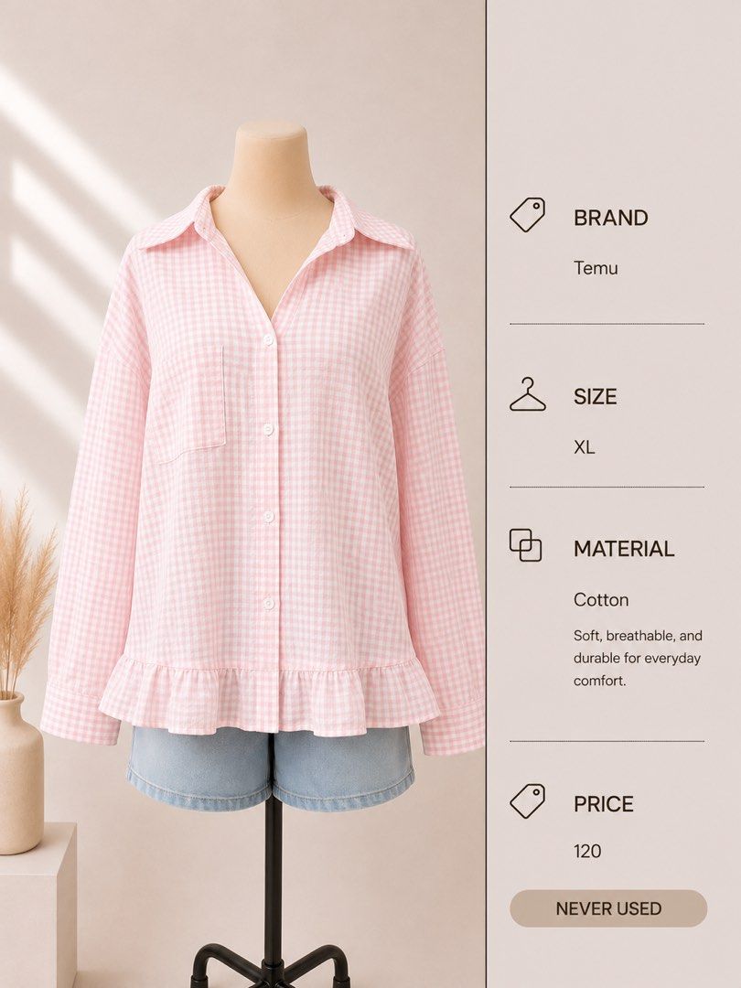 Temu Pink Gingham Ruffle Hem Shirt XL (Category: Shirts) located in San Fernando. Submitted by patrishdg (Listing ID 1452360621, Image 1). Description: - Cute pink gingham shirt - Size: XL - Material: Soft & breathable cotton - Features: Ruffle hem detail - Perfect for: Everyday wear - Condition: Brand new (never used).