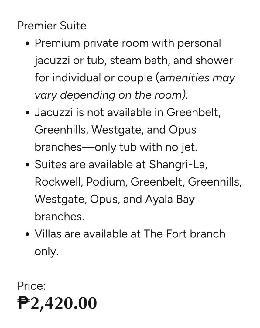 The Spa Classic Massage Premier Suite Voucher (Category: Vouchers) located in Caloocan City. Submitted by isabellasa23104 (Listing ID 1452333718, Image 2). Description: - Experience a luxurious Classic Massage Premier Suite at The Spa Wellness. - Premier Suite features a private room with personal jacuzzi or tub, steam bath, and shower. - RFS: injury unable to use - SRP: 2420 delivery c/o buyer; no meetup pls.