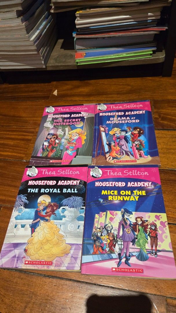 Thea Stilton Mouseford Academy Book Set (Category: Children's Books) located in Pasig City. Submitted by agbayanips (Listing ID 1452426540, Image 1). Description: - Set of 4 Thea Stilton Mouseford Academy books - Titles included: 'The Secret Notebook', 'Drama at Mouseford', 'Mice on the Runway', 'The Royal Ball' - All books are from Scholastic - Ideal for young readers who love adventure and fashion.