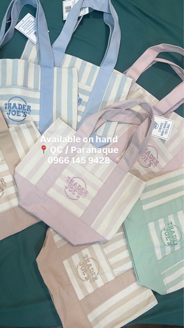 Trader Joe's Striped Mini Canvas Tote Bag (Category: Tote Bags) located in Marikina City. Submitted by buynsellph (Listing ID 1452388761, Image 1). Description: - Trader Joe's Mini Canvas Tote Bags - Available in pastel stripes: Blue, Pink, Mint Green - Perfect for quick errands and essentials - Location: Quezon City / Parañaque - Contact: 0966 145 9428 or message me :).
