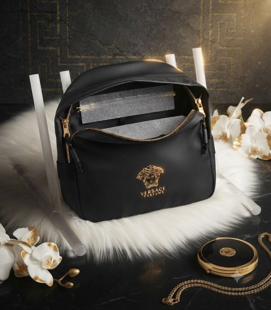 Versace Parfums backpack (Category: Luxury Bags & Wallets) located in Tanza. Submitted by bloomandglow26 (Listing ID 1452441497, Image 3). Description: Effortless luxury on the move. ✨ Elevate your everyday style with this sleek black Versace Parfums backpack featuring striking gold hardware and the iconic Medusa logo..