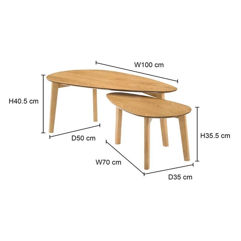 Wooden Nesting Coffee Tables - Teardrop Shape (Category: Tables & Sets) located in Antipolo. Submitted by t.ndahan (Listing ID 1452412761, Image 2). Description: Ferida Nesting Coffee Table by Mandaue Foam ➡️ Color: Natural ➡️ Measurements: Table 1 Width: 100 cm Depth: 50 cm Height: 40.5 cm Table 2 Width: 70 cm Depth: 35 cm Height: 35.5 cm ➡️ Materials: Table top: MDF with veneer Legs: Rubberwood ➡️ Weight Capacity: 15 kgs/set ➡️ Assembled ➡️ Car