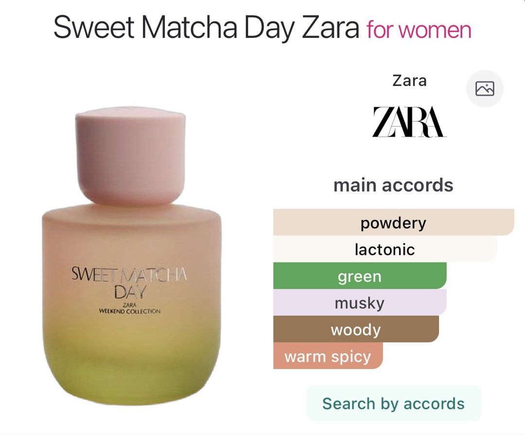 Zara Sweet Matcha Day (Category: Fragrance & Deodorants) located in Pasay City. Submitted by sammmyyyu (Listing ID 1452328566, Image 2). Description: - Still full bottle / only few sprays missing - see image for juice level - 90 ml bottle - with box - decluttering - will ignore low ballers - actual photos posted Tags: zara perfume matcha milky eau de toilette fragrance frag.