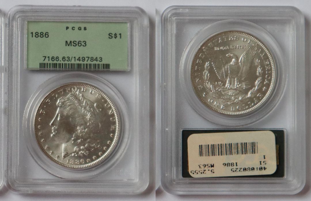 1886 Morgan Silver Dollar MS63 PCGS Graded Coin B (Category: Currency) located in Caloocan City. Submitted by oldbestseller72 (Listing ID 1452529153, Image 1). Description: - 1886 Morgan Silver Dollar - Graded MS63 by PCGS - Features a unique mint mark - Excellent addition for coin collectors - Old PCGS Holder - Serial Number: 7166.63/1497843.