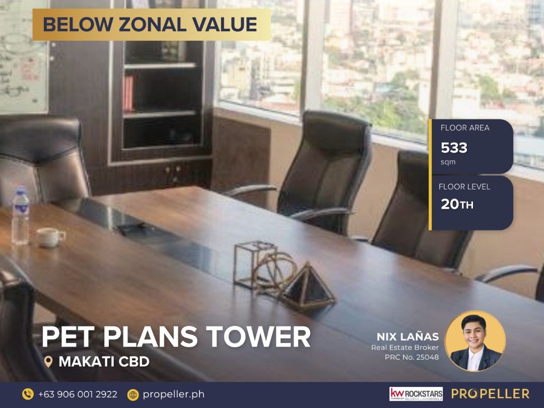 20th floor, Pet Plans Tower, Makati CBD - Office Unit (Category: Commercial) located in Quezon City. Submitted by propeller.realty (Listing ID 1452522578, Image 1). Description: FOR SALE: 20th floor, Pet Plans Tower, Makati CBD - Office Unit Floor Area: 533 sqm Unit Type: Whole Floor, Office Unit A & B Floor Level: 20th Floor Building Name: Pet Plans Tower Newly renovated, fully furnished, and move-in ready — this executive floor delivers a premi