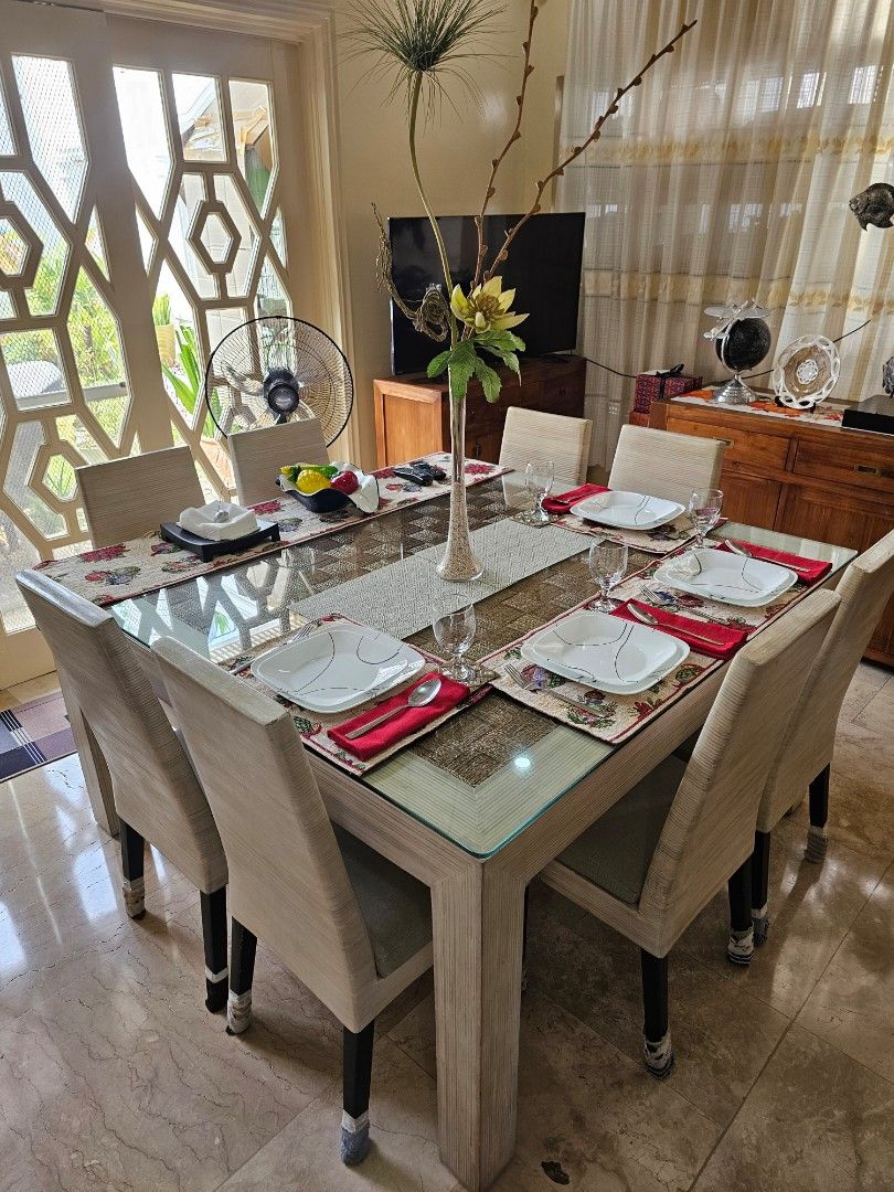 8chair square table (Category: Tables & Sets) located in Paranaque City. Submitted by regismarilou.1 (Listing ID 1452681256, Image 2). Description: 8seater square dining table 142cm (56")x142cm(56") 8chair bamboo shreads with top glass and Rattan top See to appreciate..