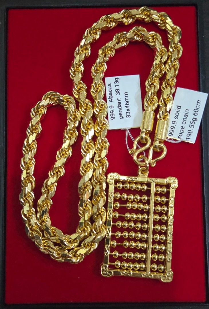 999 solid gold (Category: Jewelry) located in Singapore. Submitted by quickcrystal_615500 (Listing ID 1452617191, Image 1). Description: 999 gold solid rope chain with abacu pendant (999 gold) Length:60cm 190.55g pendant 33x46mm 38.13g total weight:228.68g 足金实心索链+精美算盘 贵金属狮头钢印 支持在任何金店或当店验证 $44500 .