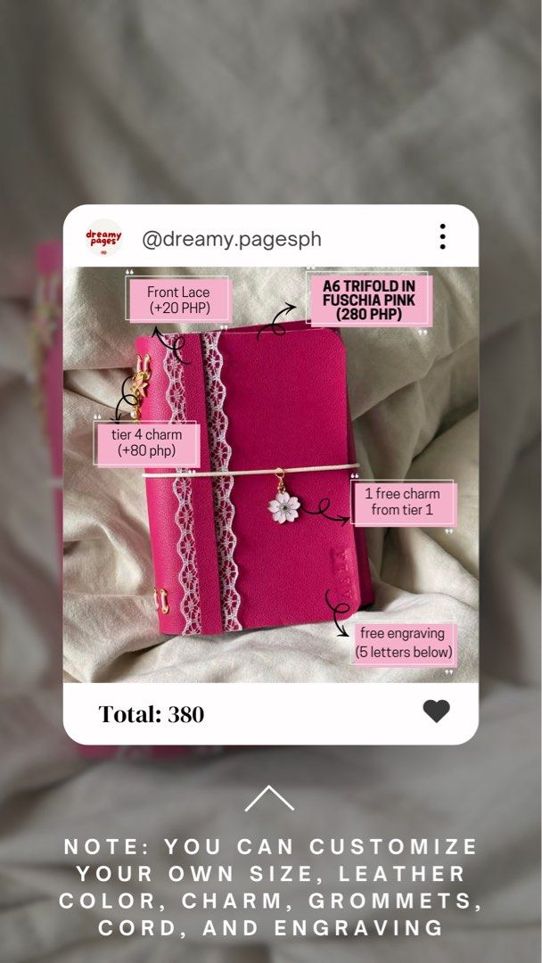 A6 Faux Leather Journal (Category: Stationery & School Supplies) located in Makati City. Submitted by dreamy.pagesph (Listing ID 1452542296, Image 1). Description: - Free engraving up to 5 letters below - Free 1 Charm - Free 1 notebook Can ship thru j&t - Luzon = 75 php - Visayas / Mindanao = 105 php.