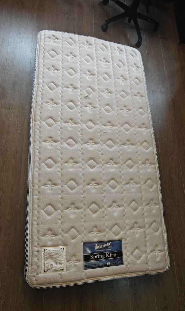 Ambassador Spring King Single Mattress (Category: Bed Frames & Mattresses) located in Manila. Submitted by ghostbieber (Listing ID 1452520324, Image 2). Description: - Ambassador Spring King Single Mattress - Same model used in many hotels - Clean and well-maintained condition. Only used as a guest bed. Springs have no sagging. - Selling because replacing it with an air mattress. - Ready for a new home - Available for pickup. Drop off is an extra
