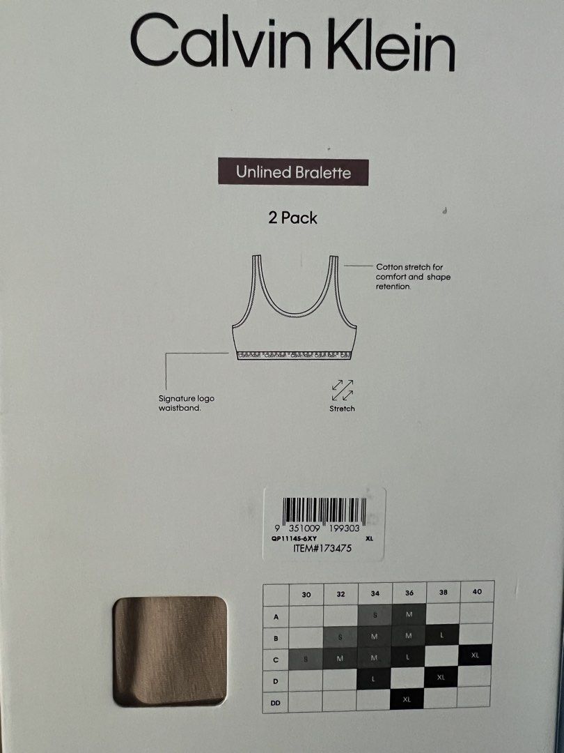 Calvin Klein 2 Pack Unlined Bralette XL Cotton Stretch (Category: Undergarments & Loungewear) located in Muntinlupa City. Submitted by 09leah77 (Listing ID 1452658075, Image 3). Description: - 2-pack Calvin Klein unlined bralettes - Size: XL - Material: Cotton stretch for comfort and shape retention - Features: Signature logo waistband - Colors: Black and Nude/Tan - Perfect for everyday wear.