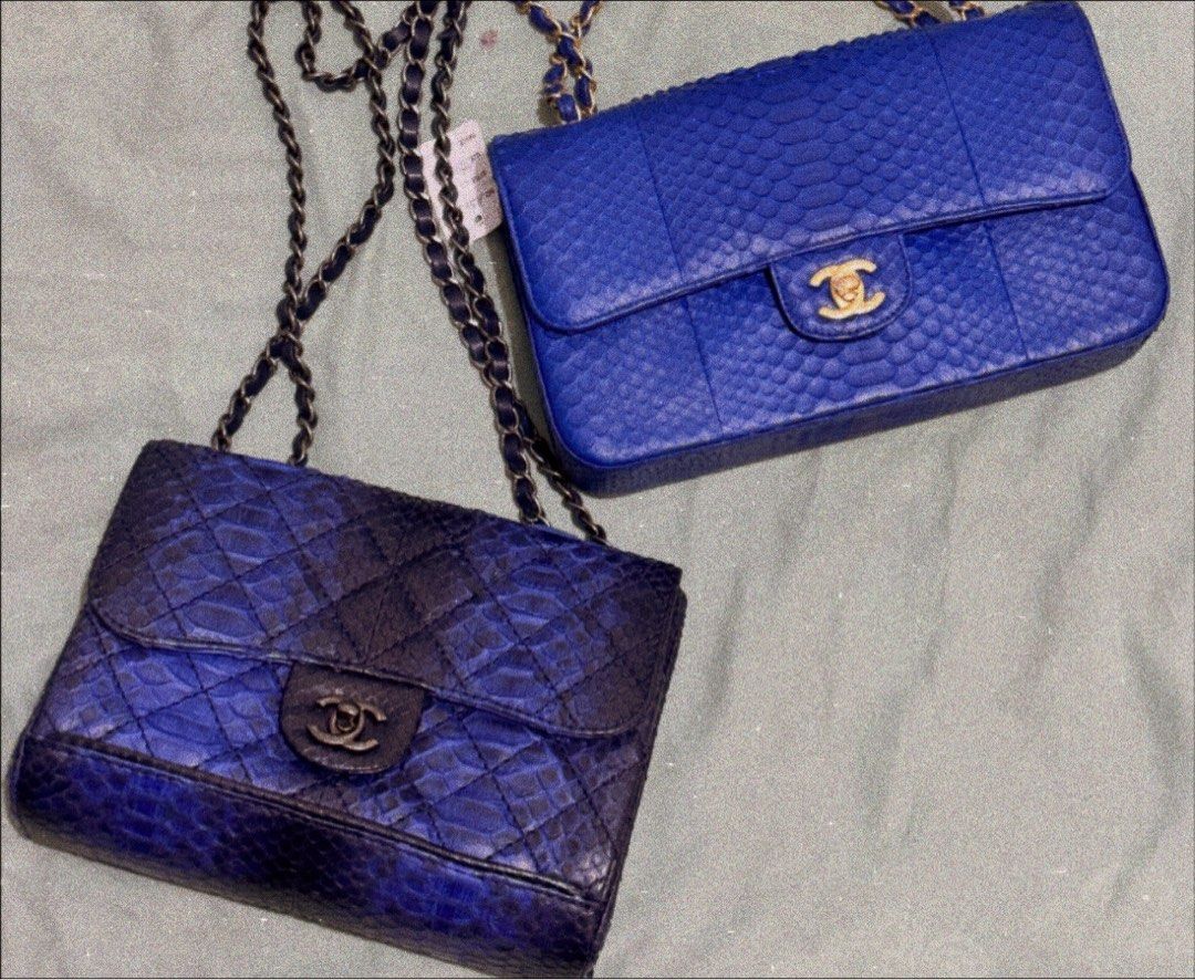 Chanel Blue Python Flap Bag (Category: Luxury Bags & Wallets) located in Quezon City. Submitted by derill_shop (Listing ID 1452694006, Image 1). Description: - Set of two blue python flap bags - One classic Chanel flap bag with gold hardware - One smaller, similar style flap bag with darker hardware - Both bags have chain straps - Ideal for night outs or adding a pop of color to any outfit.