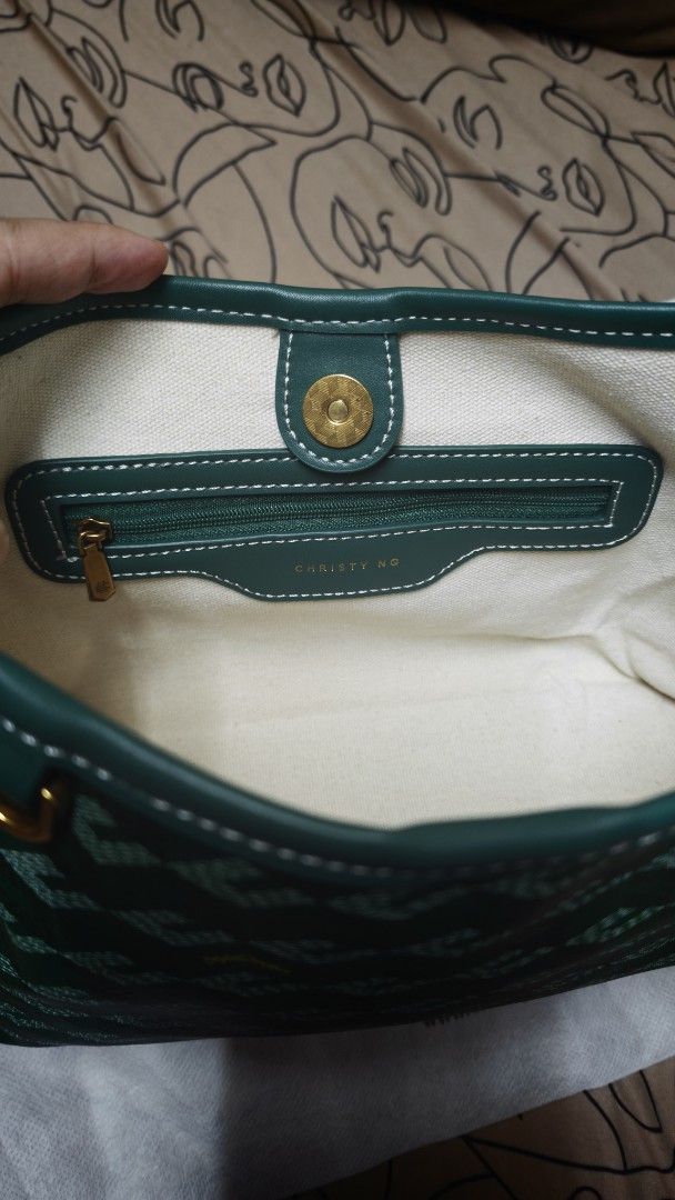 Christy Ng Nico Shoulder Bag (Category: Luxury Bags & Wallets) located in Manila. Submitted by luxe.allure (Listing ID 1452525049, Image 3). Description: - Christy Ng green monogram shoulder bag - Gold hardware details - Inside zip pocket - Magnetic snap closure - Detachable strap included - Dust bag included NotAuth, used once..