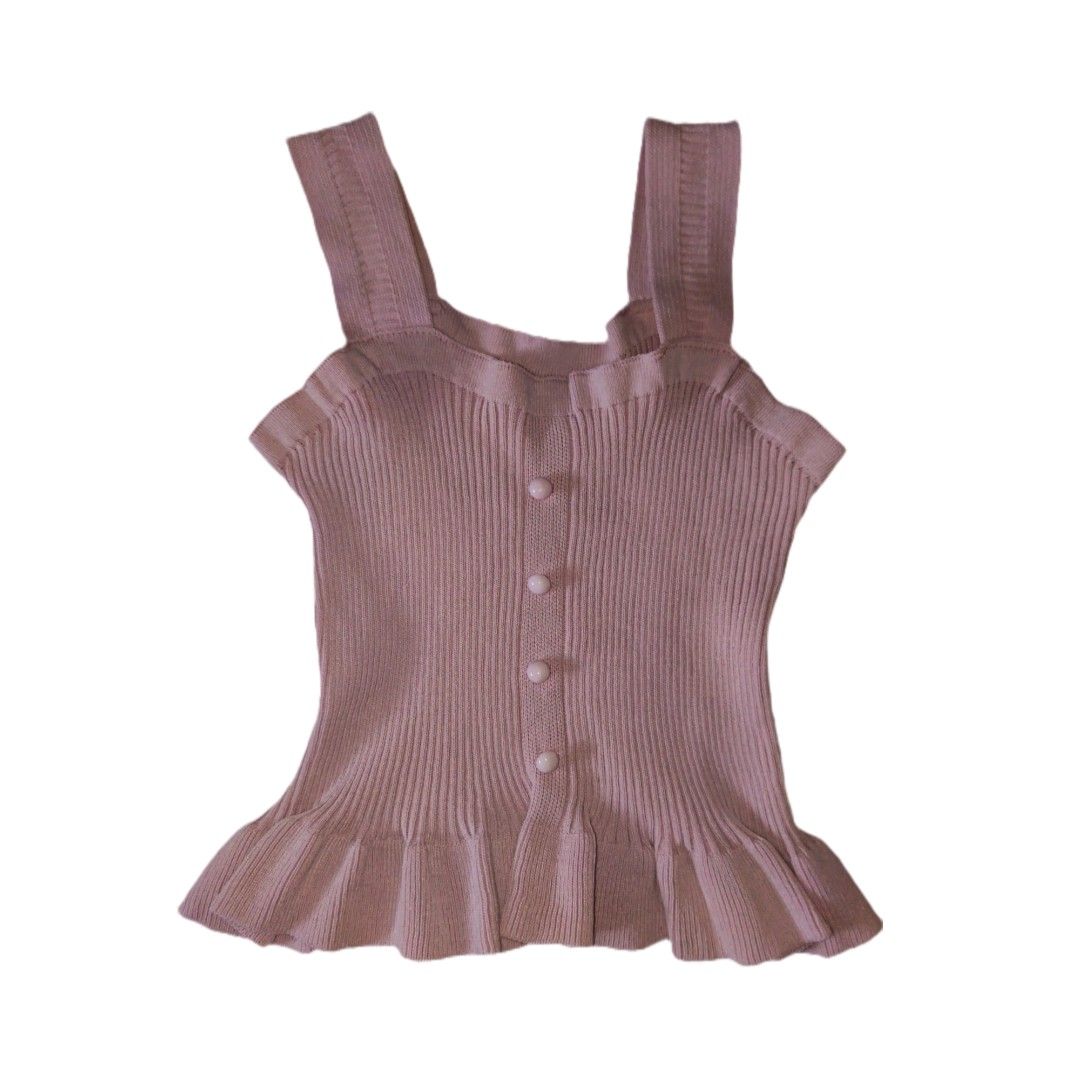 Coquette Soft Pink Ribbed Knit Ruffle Cami Top (Category: Shirts) located in Santa Rosa. Submitted by baconwnuggets (Listing ID 1452620455, Image 1). Description: see other slides for more information.