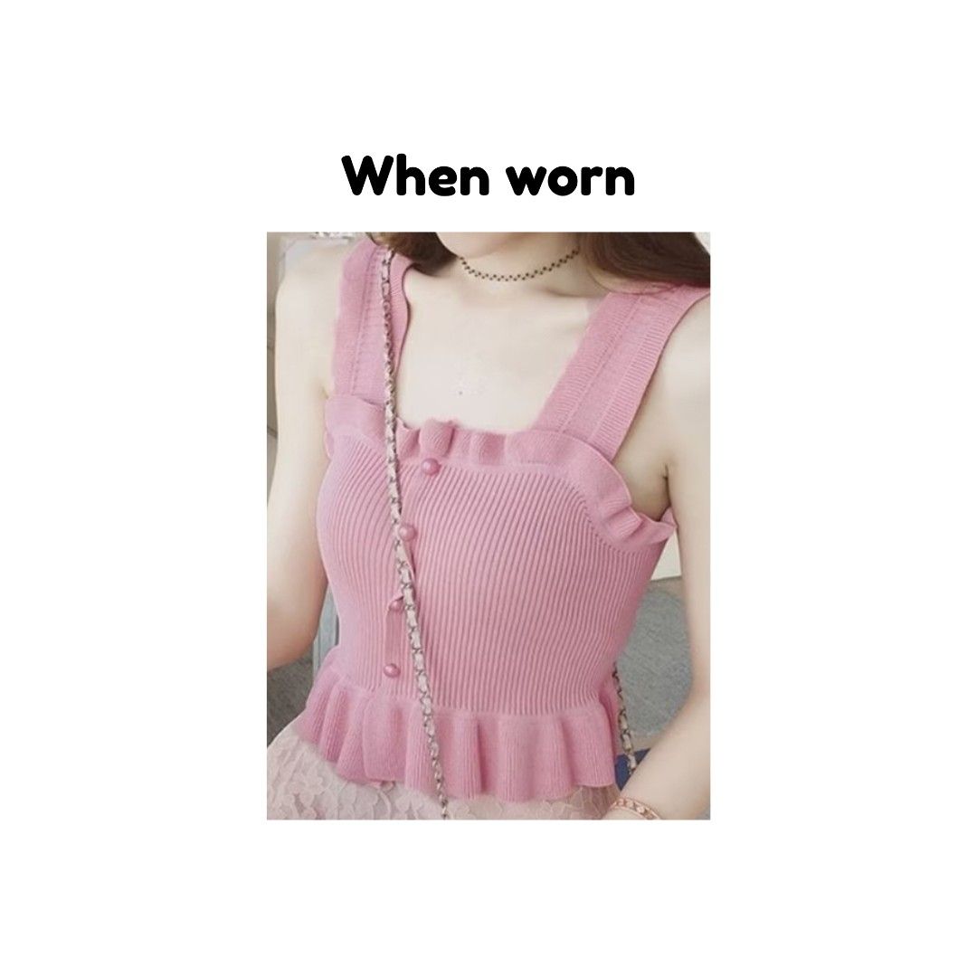 Coquette Soft Pink Ribbed Knit Ruffle Cami Top (Category: Shirts) located in Santa Rosa. Submitted by baconwnuggets (Listing ID 1452620455, Image 2). Description: see other slides for more information.