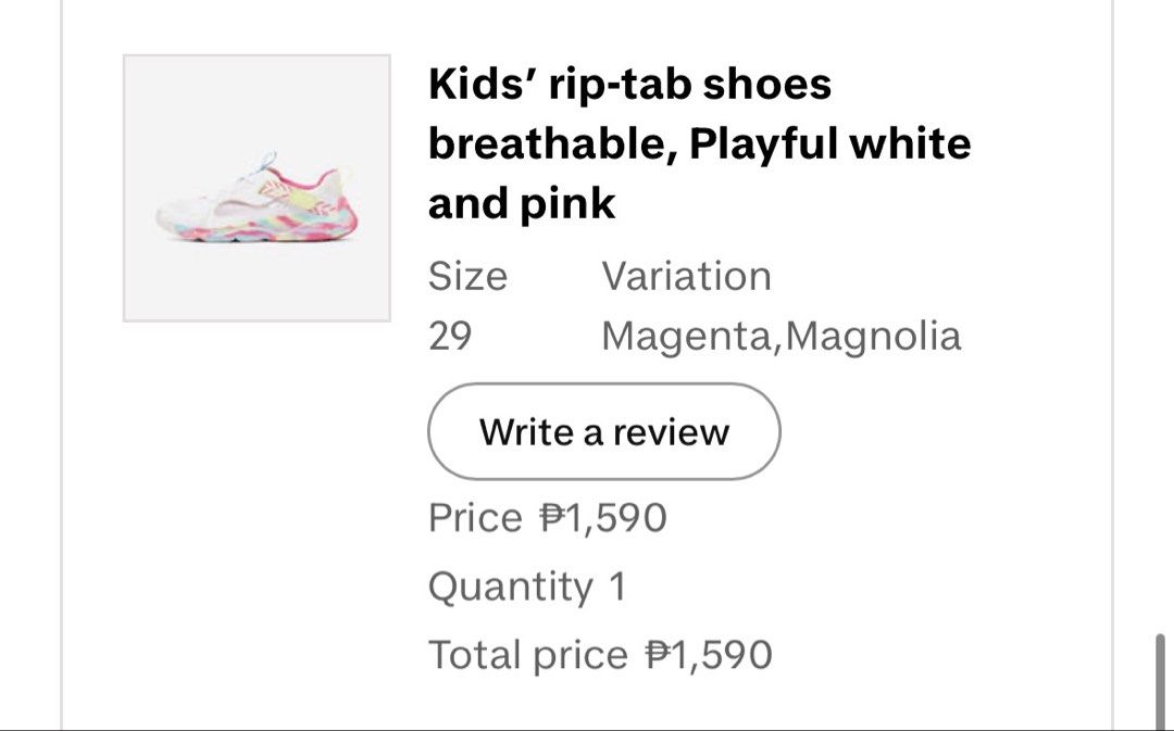 Decathlon Breathable Kids Shoes (Category: Babies & Kids Fashion) located in Binan City. Submitted by ptannn (Listing ID 1452534023, Image 2). Description: - Size 29 - White kids' rip-tab shoes - Playful pink and pastel accents - Breathable mesh upper for comfort - Easy rip-tab closure for quick on/off - Perfect for active play .