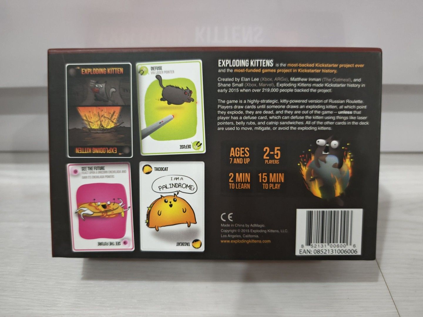 Exploding Kittens Card Game (Category: Board Games & Puzzles) located in Singapore. Submitted by mizmi (Listing ID 1452535986, Image 2). Description: Original launch edition. Brand new in box, card sealed and unopened. Clearing store. First come first served, self collect or Carousell SPX delivery paid by buyer. - Exploding Kittens: The card game of kitty-powered Russian Roulette! - Strategic gameplay: Draw cards, avoid the Exploding Kitten. - De