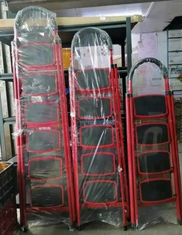 Folding Ladder Red (Category: Other Home Furniture) located in Manila. Submitted by trendy-trinkets-shop (Listing ID 1452602765, Image 2). Description: Folding Ladder Red Onhand items Brand new We Accept Same day Order and Delivery via Lalamove pls call 09262152141 for more info Buy now - Set of 3 red folding step ladders - Black non-slip treads and handles for safety - Ideal for reaching high places around the house - Folds flat for convenient s