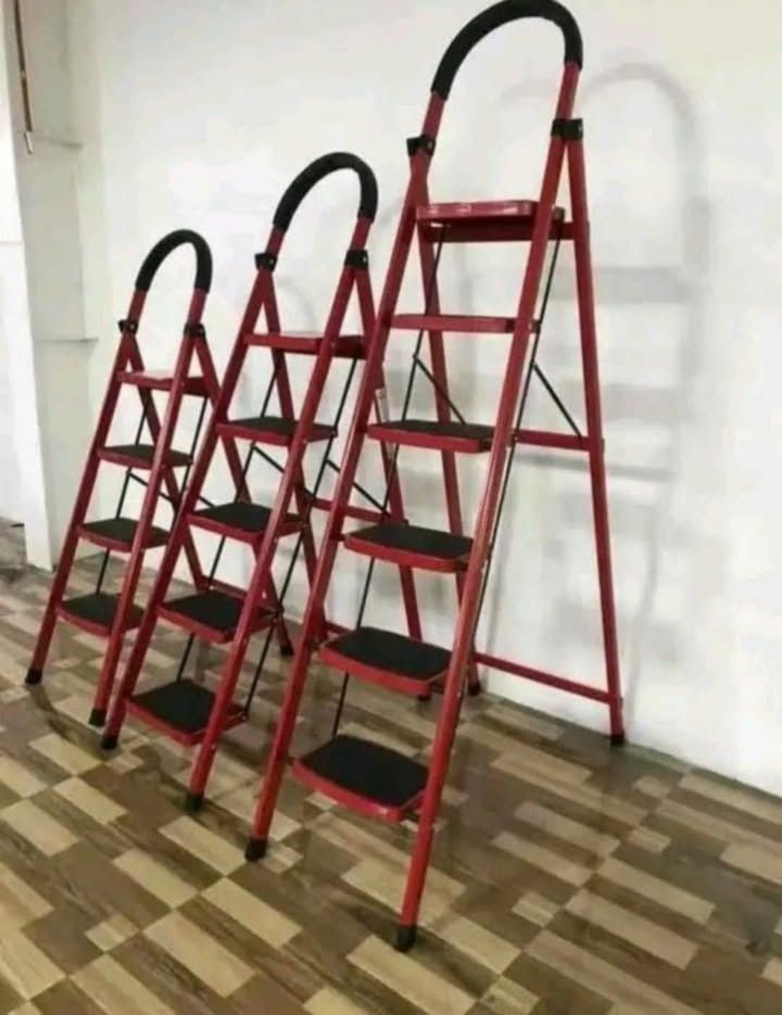 Folding Ladder Red (Category: Other Home Furniture) located in Manila. Submitted by trendy-trinkets-shop (Listing ID 1452602765, Image 1). Description: Folding Ladder Red Onhand items Brand new We Accept Same day Order and Delivery via Lalamove pls call 09262152141 for more info Buy now - Set of 3 red folding step ladders - Black non-slip treads and handles for safety - Ideal for reaching high places around the house - Folds flat for convenient s
