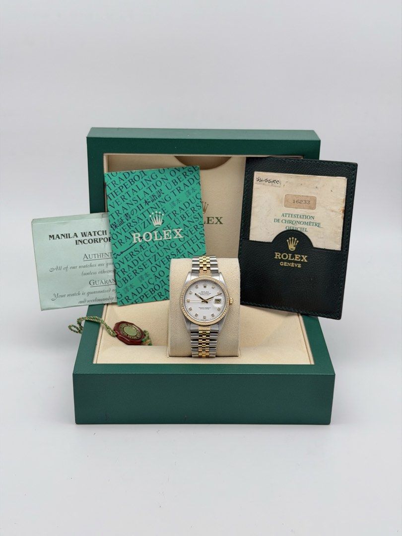 Fullset Rolex Datejust 36mm White Diamond Dial 1992 (Category: Luxury Watches) located in Manila. Submitted by timelesseleganceph (Listing ID 1452521972, Image 2). Description: Fullset Rolex Datejust 36mm White Diamond Dial 1992 Reference 16233 Size 36mm Dated 1992 18k YG Fluted Bezel in White Diamond Dial on Jubilee Bracelet Complete/Fullset - Box, Warranty Paper, Booklet.