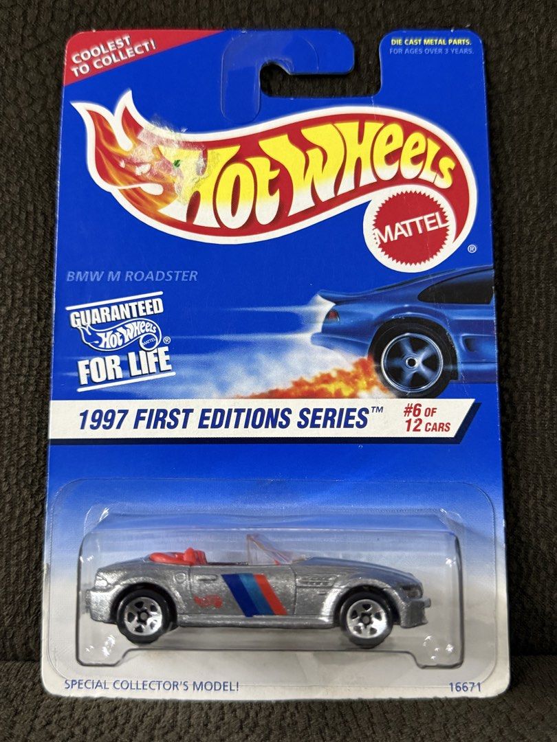 Hot Wheels 1997 First Editions BMW M Roadster (Category: Vehicle & Diecast Models) located in Muntinlupa City. Submitted by eman_garcia_ (Listing ID 1452620647, Image 1). Description: - 1997 Hot Wheels First Editions BMW M Roadster - Collector's Model (#6 of 12 in series) - Die-cast metal parts - Made by Mattel.