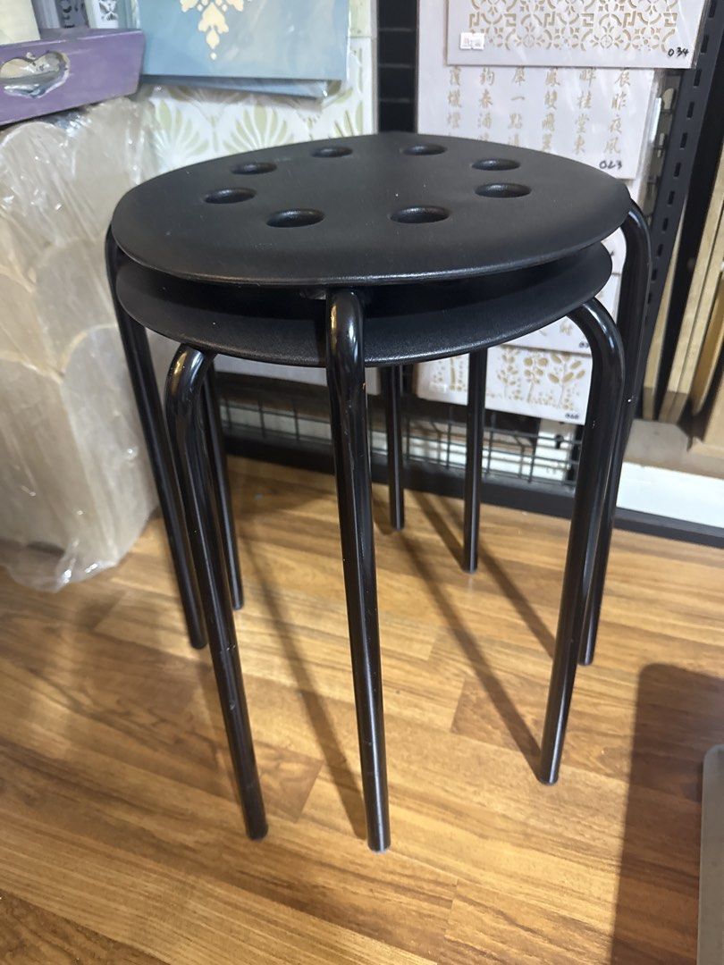 ikea Black Stackable Stools (Category: Chairs) located in Kuala Lumpur. Submitted by teikmunwong (Listing ID 1452537894, Image 1). Description: - 10 for 2 modern black stools - Features round seats and sturdy metal legs - Stackable design for efficient space-saving.