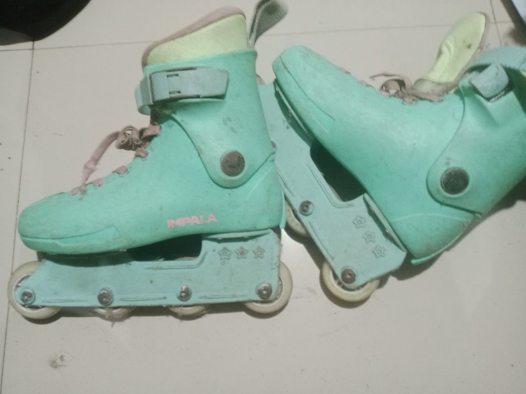 Impala Inline Skates Roller Blades Roller Skate (Category: Skates, Rollerblades & Scooters) located in Manila. Submitted by suzuukamo (Listing ID 1452635136, Image 2). Description: - Teal Impala inline skates - Secure lace and buckle closure - Wheels show some wear and dust but will clean before shipping - Ideal for cruising - Ready for a new owner -need wheel replacement, pudpod na ung wheels Size eu 36 Liner still stiff Open for trades to quad 