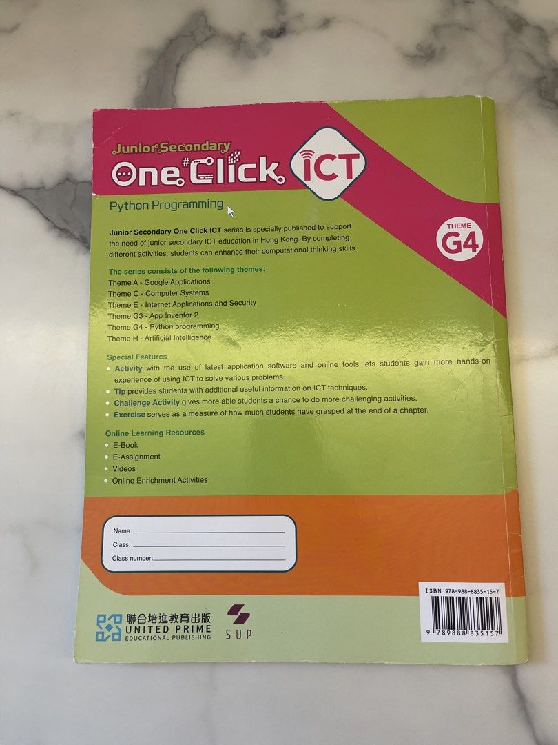 Junior secondary one click ICT Python Programming （分類：教科書）位於 Hong Kong。 由 kyle.f7703 提交（商品編號 1452589343，圖片 2）。簡介： 中三電腦課本，內有筆記。