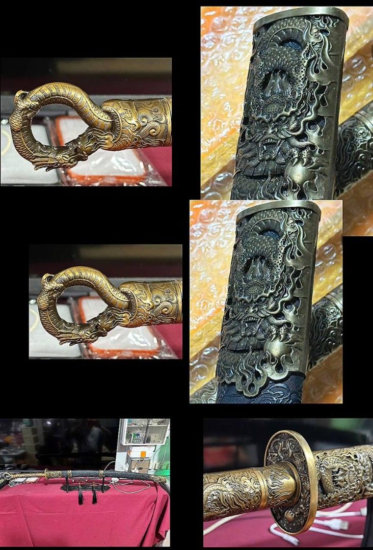 Katana Dragon Engraved Decorative Sword with Ornate Handle (Category: Vintage Collectibles) located in Taguig. Submitted by dawatershap (Listing ID 1452568903, Image 1). Description: - Intricately engraved decorative sword with dragon motifs. - Vintage bronze finish on metal. - Features a dragon head loop on the handle. - Includes decorative tassels on the hilt. - Ideal for display or as a prop..