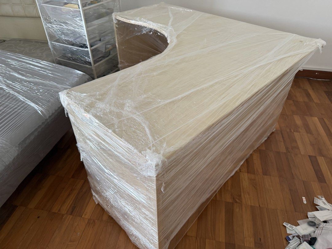 L shape table (Category: Tables & Sets) located in Singapore. Submitted by maisonm.31 (Listing ID 1452572690, Image 1). Description: well used but sturdy quality Minor defects on legs and table top Had to let go due to space constraint 150cm by 75cm Self arranged delivery pls.