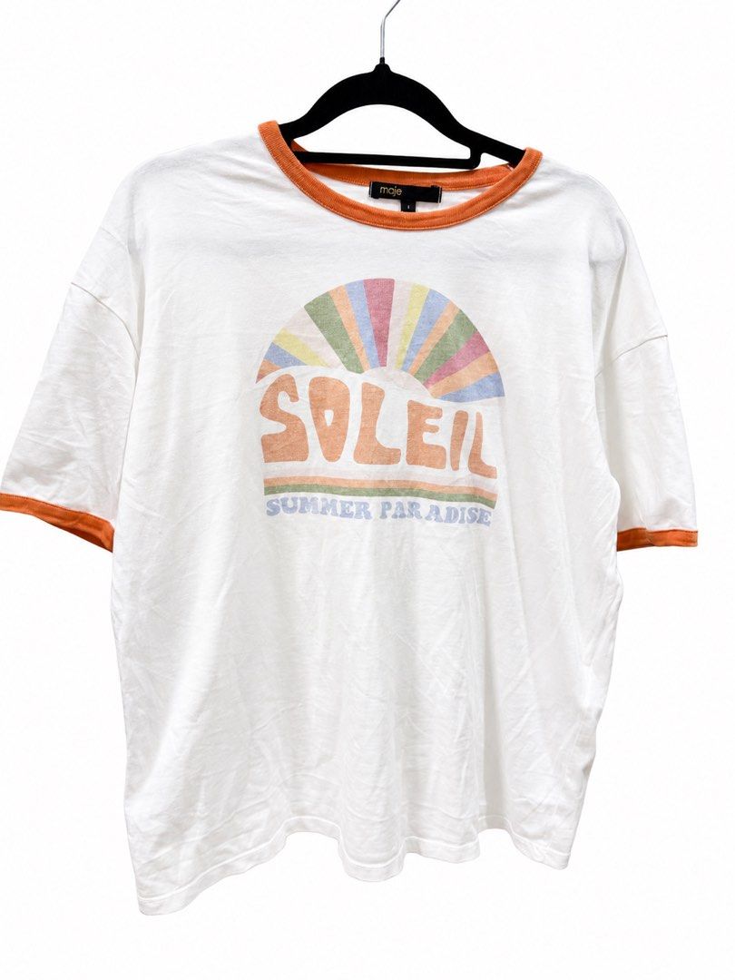 Maje Summer Graphic Tee (Fits S - M) (Category: Shirts) located in Cavite. Submitted by futurenostalgia (Listing ID 1452530872, Image 3). Description: MSelling a preloved Maje summer graphic tee in white with orange print. Fits Small to Medium comfortably. Brand: Maje Size: Fits S–M Color: White with orange graphic Measurements: 20” width | 24” length Condition: Lightly used Material: Comfy and lightweight Perfect for daily outfits or casual summ